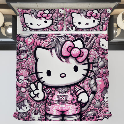 Hello Kitty bedding - Digital art bedding set 3D high quality linen fabric duvet cover & pillowcase for bedroom Bedding Set (3pcs)