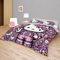 Hello Kitty bedding - Digital art bedding set 3D high quality linen fabric duvet cover & pillowcase for bedroom Bedding Set + Flat Sheet (4pcs)