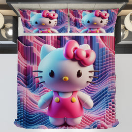 Hello Kitty bedding - Digital art bedding set cute 3D high quality linen fabric duvet cover & pillowcase - Lusy Store LLC