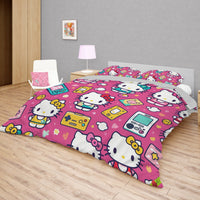 Hello Kitty bedding - Gamer bedding set high quality linen fabric duvet cover & pillowcase Bedding Set + Flat Sheet (4pcs)