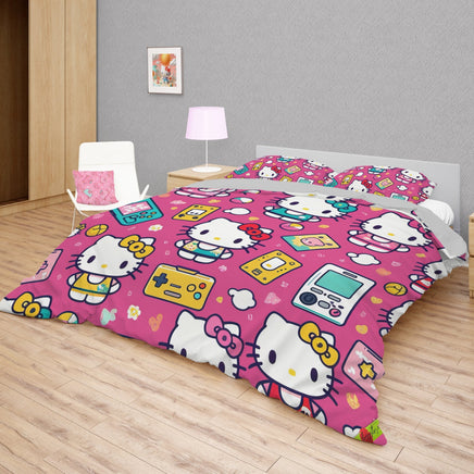 Hello Kitty bedding - Gamer bedding set high quality linen fabric duvet cover & pillowcase Bedding Set + Flat Sheet (4pcs)