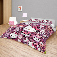 Hello Kitty bedding - Hello Kitty and friend bedding set 3D high quality linen fabric duvet cover & pillowcase Bedding Set + Flat Sheet (4pcs)