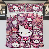 Hello Kitty bedding - Hello Kitty and friend bedding set 3D high quality linen fabric duvet cover & pillowcase Bedding Set (3pcs)