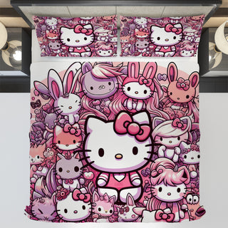 Hello Kitty bedding - Hello Kitty and friend bedding set 3D high quality linen fabric duvet cover & pillowcase - Lusy Store LLC