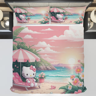 Hello Kitty bedding - Kitty on the beach bedding set 3D high quality linen fabric duvet cover & pillowcase - Lusy Store LLC