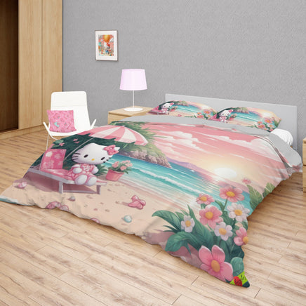 Hello Kitty bedding - Kitty on the beach bedding set 3D high quality linen fabric duvet cover & pillowcase Bedding Set + Flat Sheet (4pcs)