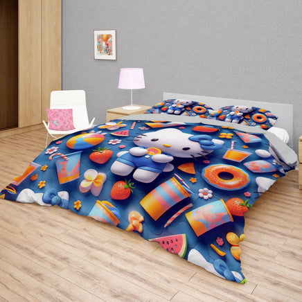Hello Kitty bedding - Navy Blue summer bedding set cute 3D high quality linen fabric duvet cover & pillowcase - Lusy Store LLC