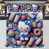 Hello Kitty bedding - Navy Blue summer bedding set cute 3D high quality linen fabric duvet cover & pillowcase - Lusy Store LLC