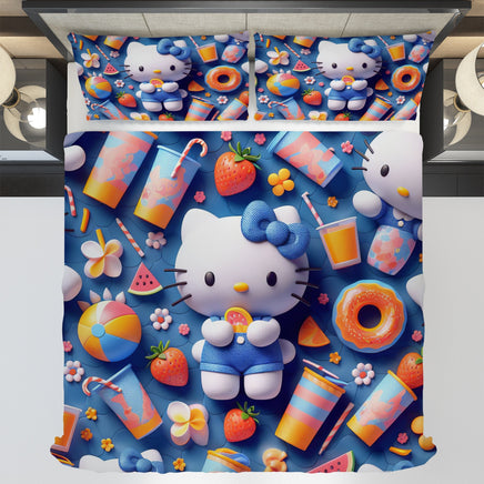 Hello Kitty bedding - Navy Blue summer bedding set cute 3D high quality linen fabric duvet cover & pillowcase - Lusy Store LLC