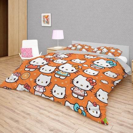 Hello Kitty bedding - Orange cute summer bedding set high quality linen fabric duvet cover & pillowcase - Lusy Store LLC