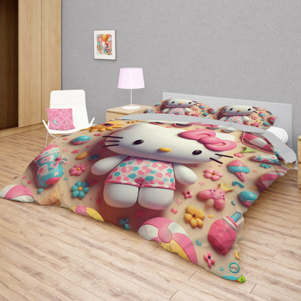 Hello Kitty bedding - Pink bedding set sweet cute 3D high quality linen fabric duvet cover & pillowcase - Lusy Store LLC