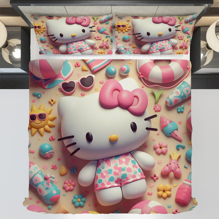 Hello Kitty bedding - Pink bedding set sweet cute 3D high quality linen fabric duvet cover & pillowcase - Lusy Store LLC