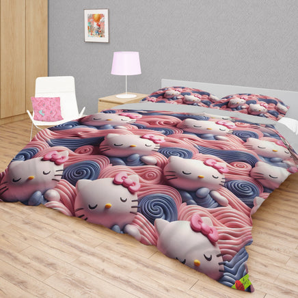 Hello Kitty bedding - Pink bedding set waves cute Kitty sleeping 3D high quality linen fabric duvet cover & pillowcase - Lusy Store LLC