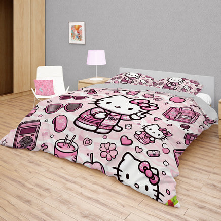 Hello Kitty bedding - Pink cute bedding set 3D high quality linen fabric duvet cover & pillowcase for bedroom - Lusy Store LLC