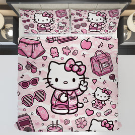 Hello Kitty bedding - Pink cute bedding set 3D high quality linen fabric duvet cover & pillowcase for bedroom - Lusy Store LLC