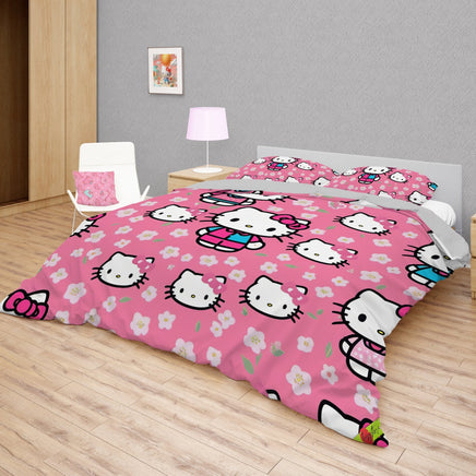 Hello Kitty bedding - Spring bedding set pink cute high quality linen fabric duvet cover & pillowcase - Lusy Store LLC