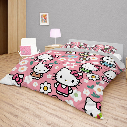 Hello Kitty bedding - Spring bedding set pink cute high quality linen fabric duvet cover & pillowcase - Lusy Store LLC