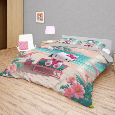 Hello Kitty bedding - Spring on the beach bedding set 3D high quality linen fabric duvet cover & pillowcase - Lusy Store LLC