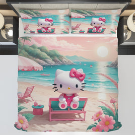 Hello Kitty bedding - Spring on the beach bedding set 3D high quality linen fabric duvet cover & pillowcase - Lusy Store LLC