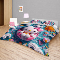 Hello Kitty bedding - Summer bedding set beach cute 3D high quality linen fabric duvet cover & pillowcase - Lusy Store LLC