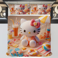 Hello Kitty bedding - Summer bedding set beach cute 3D high quality linen fabric duvet cover & pillowcase - Lusy Store LLC