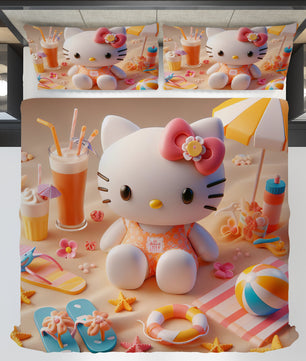 Hello Kitty bedding - Summer bedding set beach cute 3D high quality linen fabric duvet cover & pillowcase - Lusy Store LLC