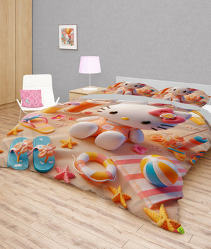 Hello Kitty bedding - Summer bedding set beach cute 3D high quality linen fabric duvet cover & pillowcase - Lusy Store LLC