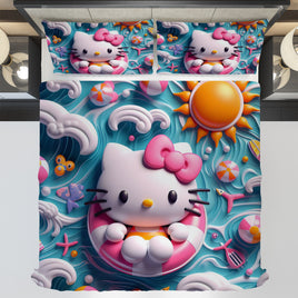 Hello Kitty bedding - Summer bedding set beach cute 3D high quality linen fabric duvet cover & pillowcase - Lusy Store LLC