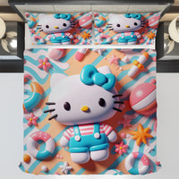 Hello Kitty bedding - Summer bedding set beach Kitty cute 3D high quality linen fabric duvet cover & pillowcase - Lusy Store LLC