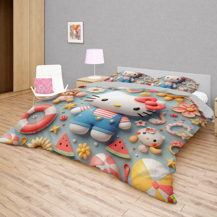 Hello Kitty bedding - Summer bedding set beach Kitty cute 3D high quality linen fabric duvet cover & pillowcase - Lusy Store LLC