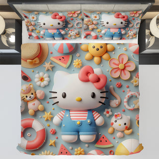Hello Kitty bedding - Summer bedding set beach Kitty cute 3D high quality linen fabric duvet cover & pillowcase - Lusy Store LLC