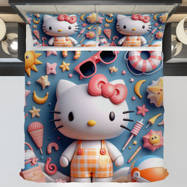 Hello Kitty bedding - Summer bedding set cute 3D high quality linen fabric duvet cover & pillowcase - Lusy Store LLC