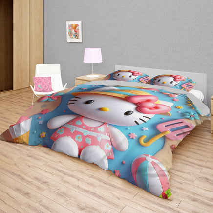 Hello Kitty bedding - Summer bedding set sweet Kitty cute 3D high quality linen fabric duvet cover & pillowcase - Lusy Store LLC