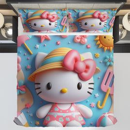 Hello Kitty bedding - Summer bedding set sweet Kitty cute 3D high quality linen fabric duvet cover & pillowcase - Lusy Store LLC