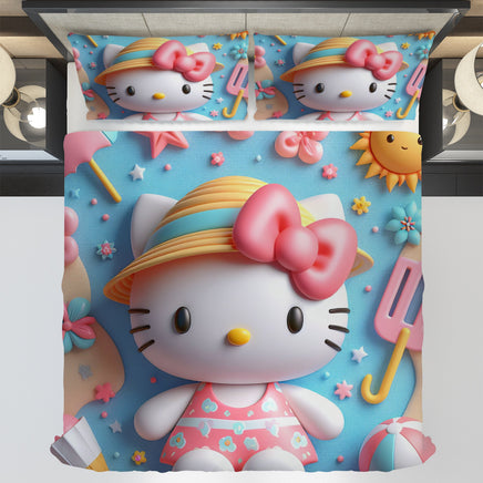 Hello Kitty bedding - Summer bedding set sweet Kitty cute 3D high quality linen fabric duvet cover & pillowcase - Lusy Store LLC