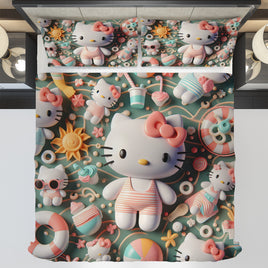 Hello Kitty bedding - Summer sweet bedding set cute 3D high quality linen fabric duvet cover & pillowcase - Lusy Store LLC