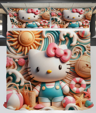 Hello Kitty bedding - Summer sweet bedding set cute 3D high quality linen fabric duvet cover & pillowcase - Lusy Store LLC