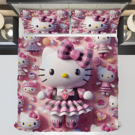 Hello Kitty bedding - Sweet bedding set cute 3D high quality linen fabric duvet cover & pillowcase - Lusy Store LLC