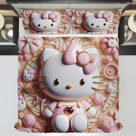 Hello Kitty bedding - Sweet bedding set luxury Kitty cute 3D high quality linen fabric duvet cover & pillowcase - Lusy Store LLC
