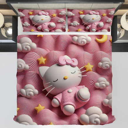 Hello Kitty bedding - Sweet bedding set pink waves cute Kitty sleeping 3D high quality linen fabric duvet cover & pillowcase - Lusy Store LLC