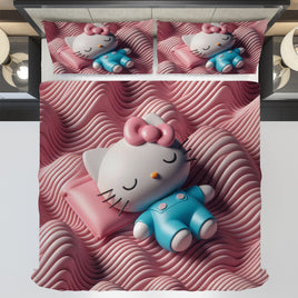 Hello Kitty bedding - Sweet bedding set pink waves cute Kitty sleeping 3D high quality linen fabric duvet cover & pillowcase - Lusy Store LLC
