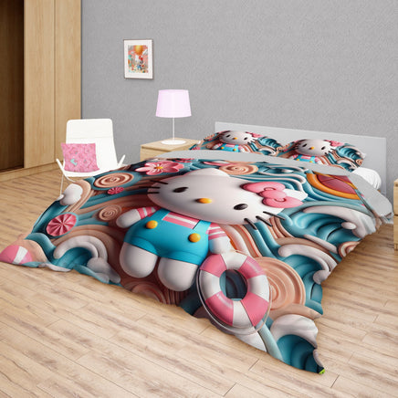 Hello Kitty bedding - Sweet summer bedding set cute 3D high quality linen fabric duvet cover & pillowcase - Lusy Store LLC