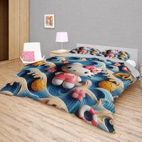 Hello Kitty bedding - Waves art bedding set cool cute 3D high quality linen fabric duvet cover & pillowcase - Lusy Store LLC