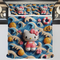 Hello Kitty bedding - Waves art bedding set cool cute 3D high quality linen fabric duvet cover & pillowcase - Lusy Store LLC