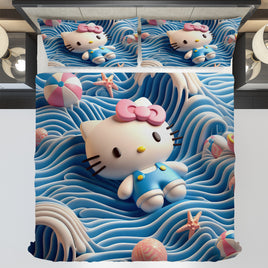 Hello Kitty bedding - Waves art bedding set cool cute 3D high quality linen fabric duvet cover & pillowcase - Lusy Store LLC