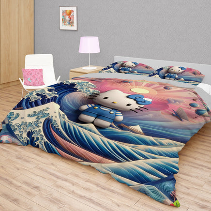 Hello Kitty bedding - Waves art bedding set cool cute 3D high quality linen fabric duvet cover & pillowcase - Lusy Store LLC