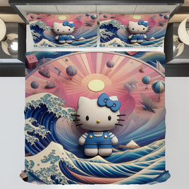 Hello Kitty bedding - Waves art bedding set cool cute 3D high quality linen fabric duvet cover & pillowcase - Lusy Store LLC