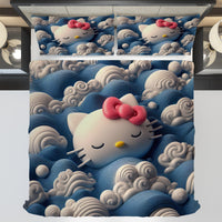 Hello Kitty bedding - Waves art bedding set cute Kitty sleeping 3D high quality linen fabric duvet cover & pillowcase - Lusy Store LLC