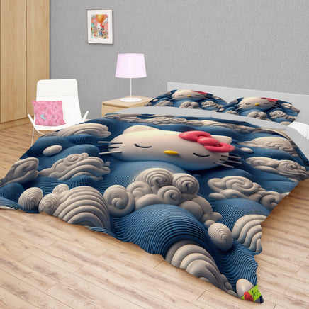 Hello Kitty bedding - Waves art bedding set cute Kitty sleeping 3D high quality linen fabric duvet cover & pillowcase - Lusy Store LLC