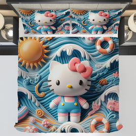 Hello Kitty bedding - Waves summer bedding set art cute 3D high quality linen fabric duvet cover & pillowcase - Lusy Store LLC